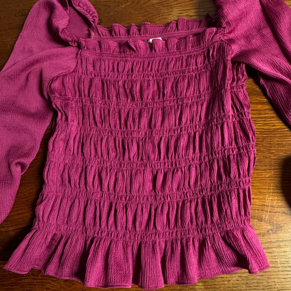 A New‎ Day Women Magenta Pink Smocked Long Puff Sleeve Blouse Square Neck XS